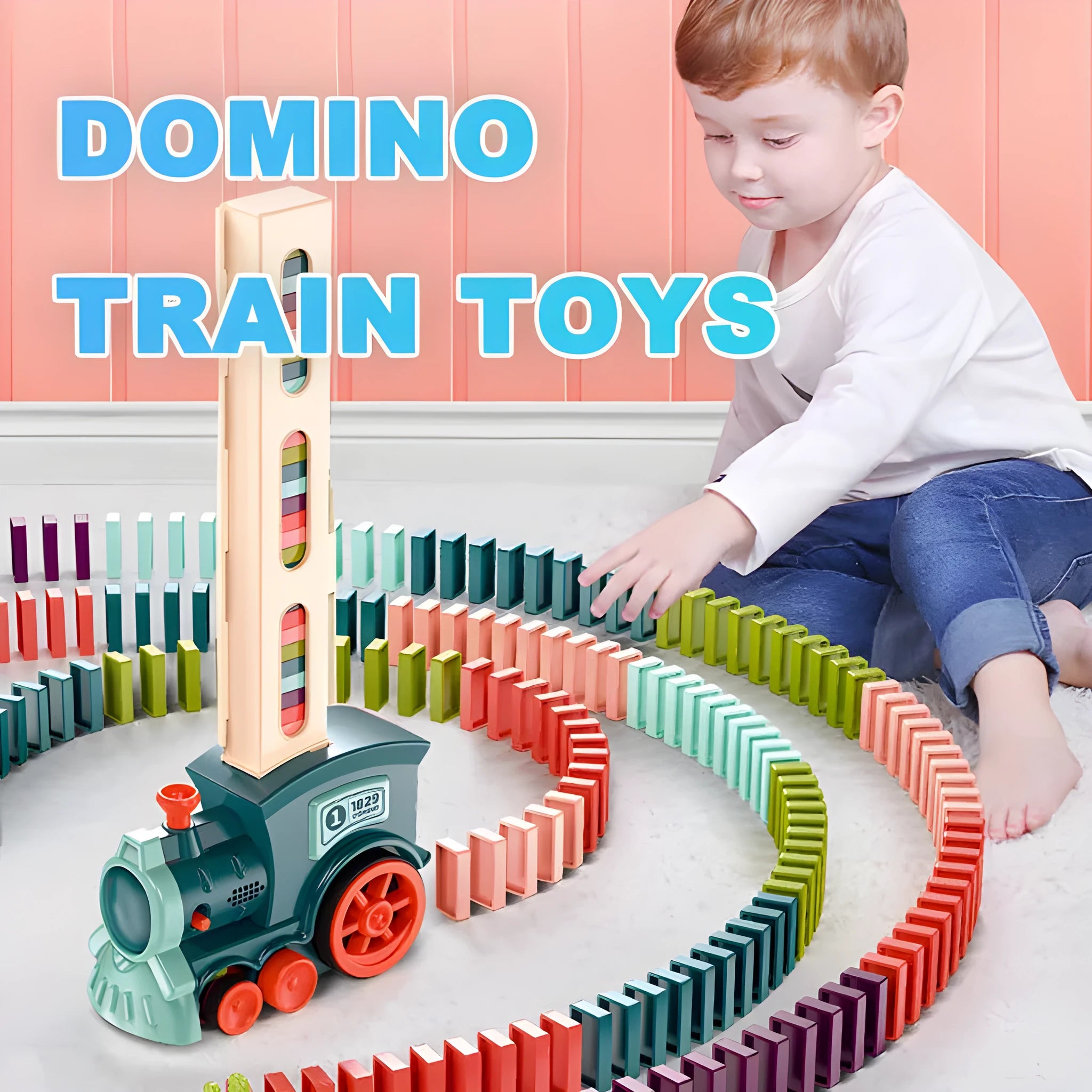 Domino train toy with 100 plastic dominoes in random colours, including toy train and card storage box