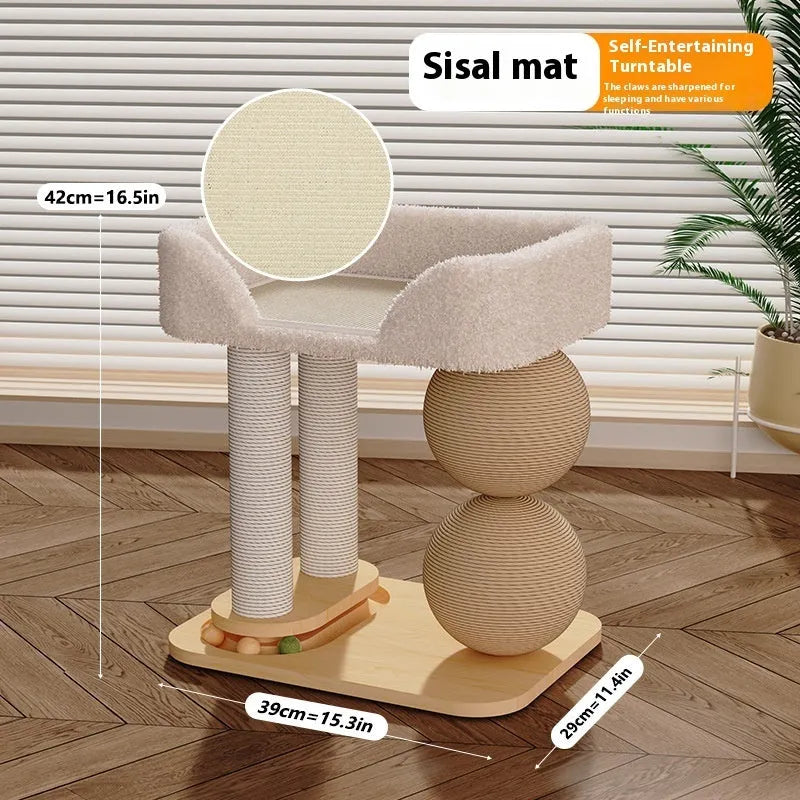 Pine wood cat nest with two columns holding chamfered balls and a central resting platform.