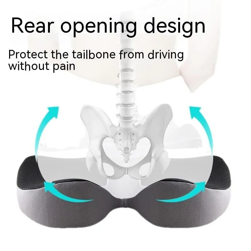 Curved bevel seat cushion with memory foam for tailbone support during driving