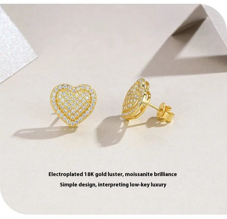 Golden colour S925 silver stud earrings with heart-shaped moissanite stone designs