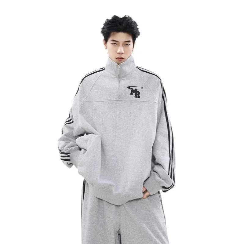 Black American retro style sports hoodie with stand collar and long sleeves