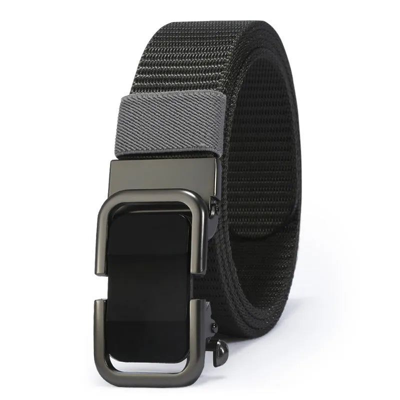 Men's nylon canvas belt with toothless alloy buckle shown in multiple colour options.