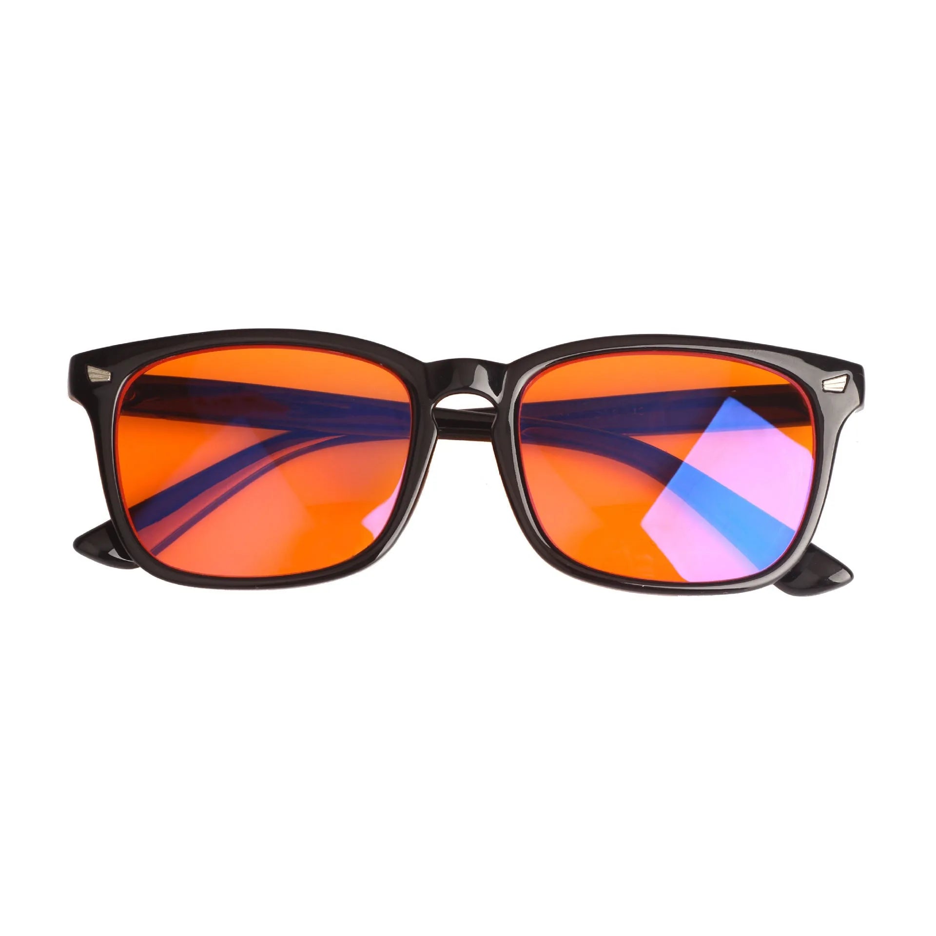 Orange red anti blue light UV glasses with black PC frame on a colour box