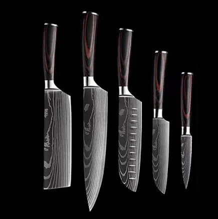 Chef knife with laser Damascus pattern blade, colour steel handle, showing 18cm blade length