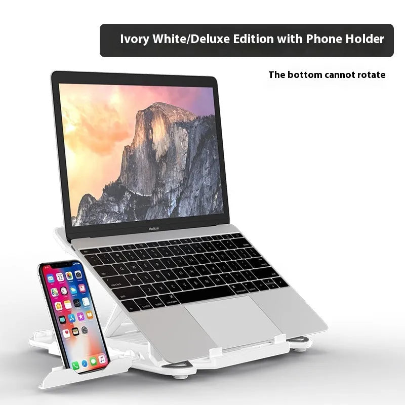 Black laptop bracket with integrated strap phone holder on a desk