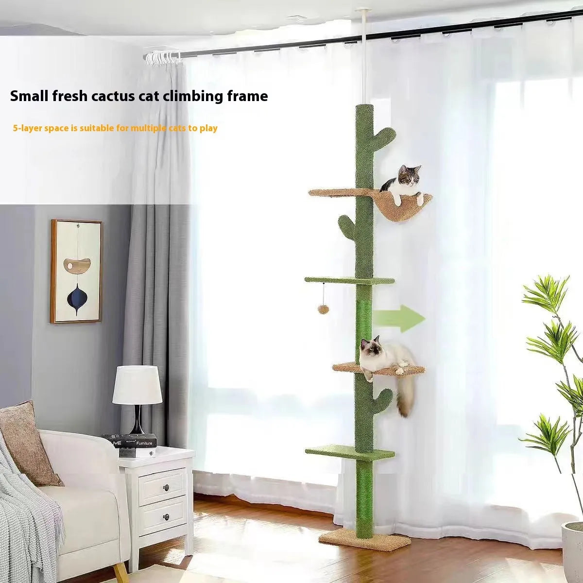 Tall solid wood cat climbing frame with integrated scratch board, cat nest, and hanging toy