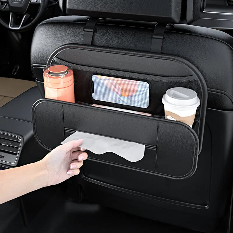 Black leather car seat back storage bag shown with dimensions 36cm wide by 24cm tall.