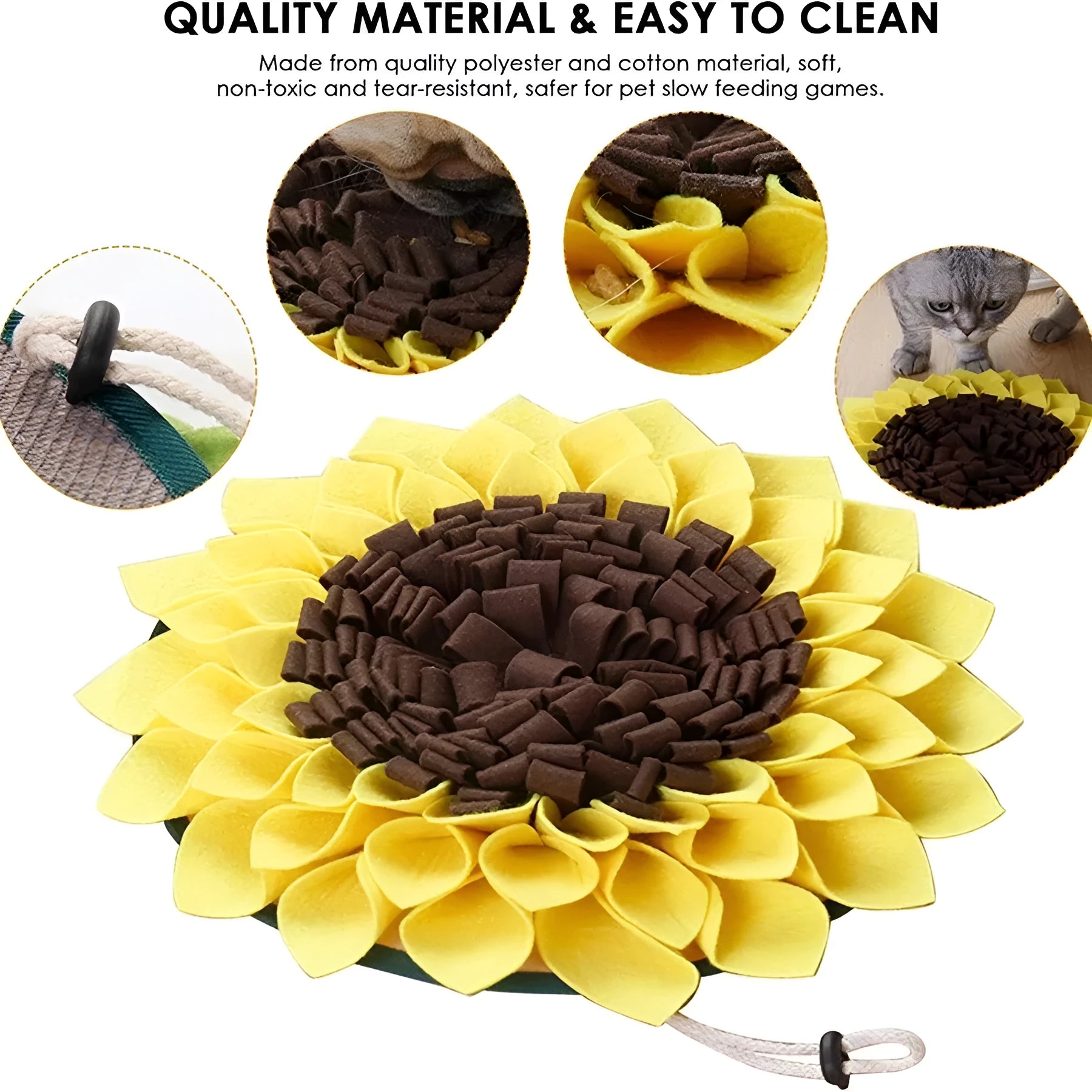 Yellow sunflower-patterned dog snuffle mat for slow feeding and nosework training
