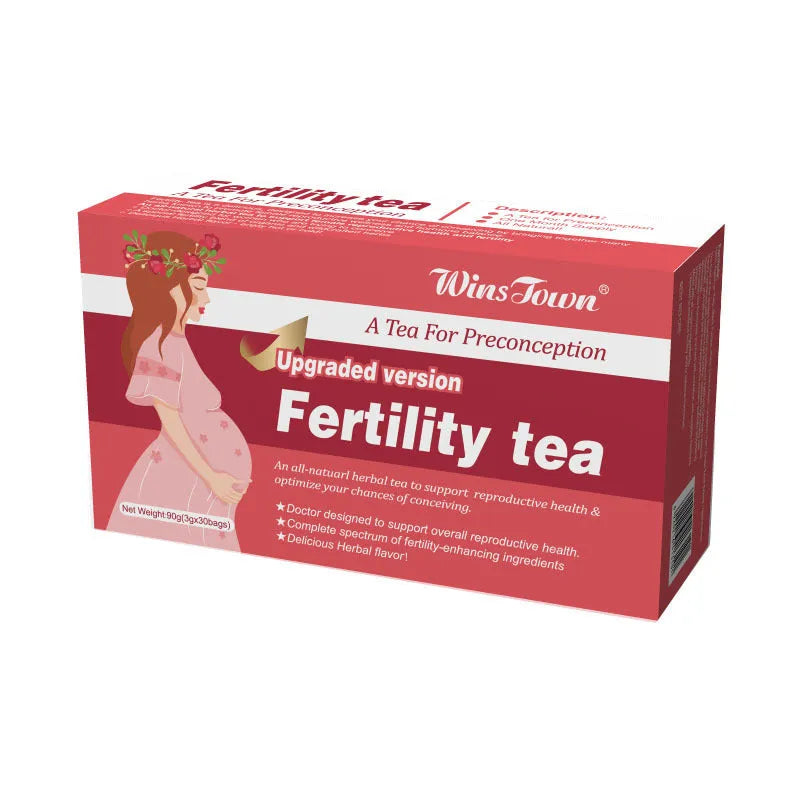 Box of fertility tea containing three packs with 30 tea bags each for reproductive health support