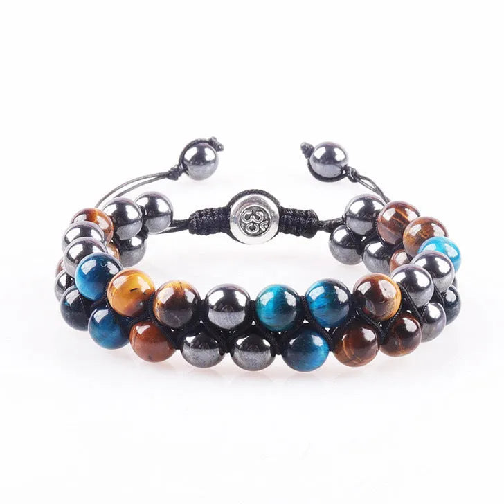 Men's double-layer woven tiger eye stone bracelet with bright magnetic clasp, blue yellow colourway