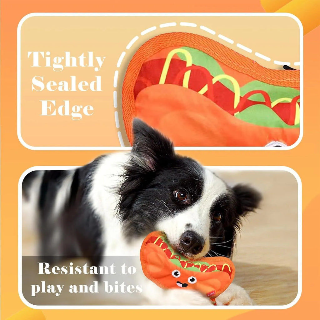 Crinkle and squeak dog toy in hamburger shape for interactive chew play