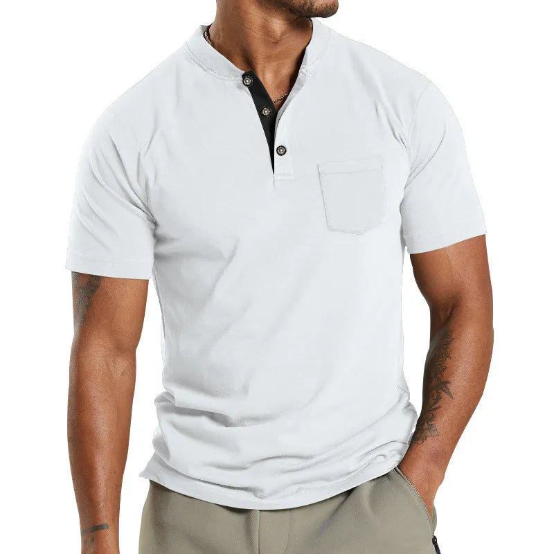 Plus size man modelling a solid colour short sleeve shirt with a chest pocket.