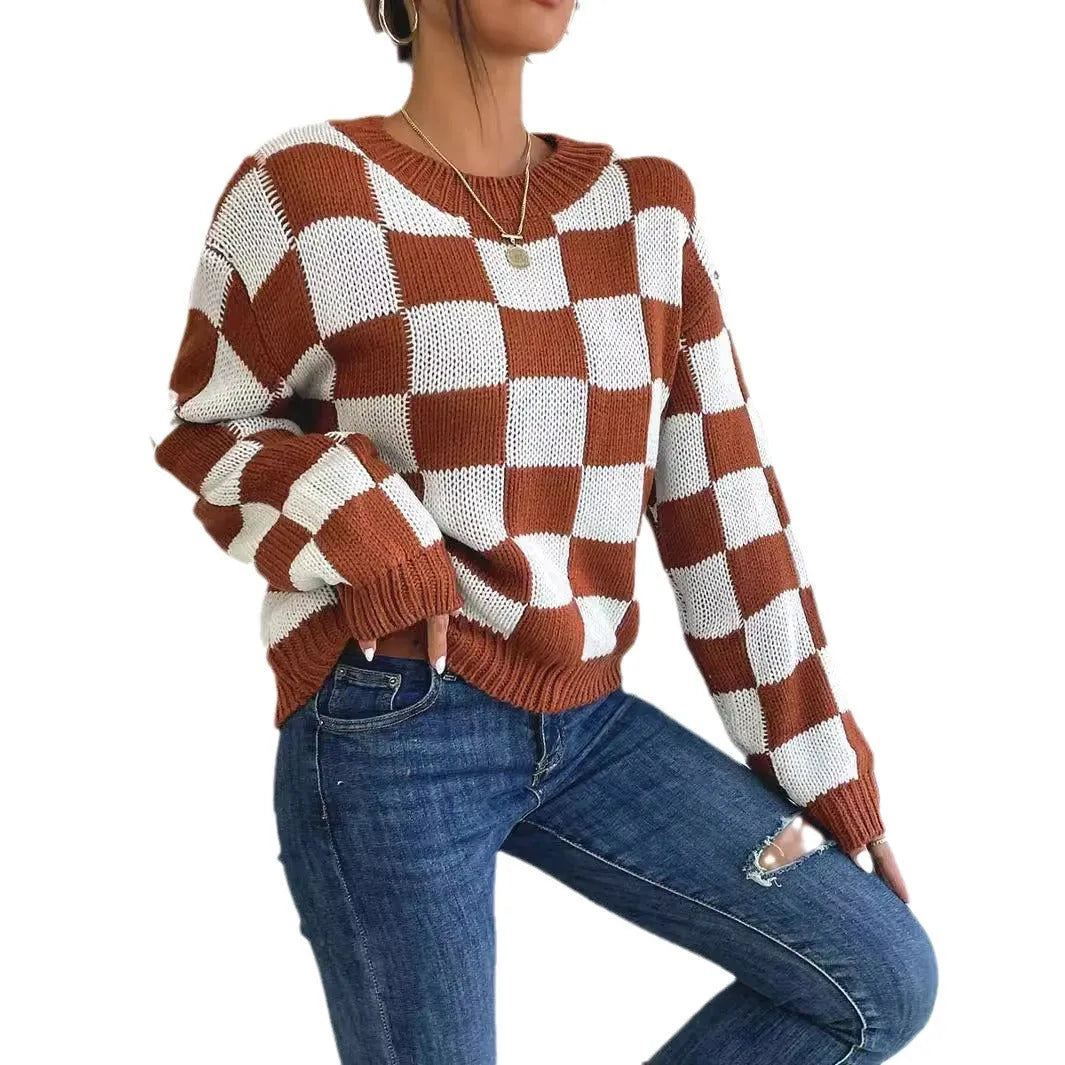 Dark brown acrylic pullover sweater with plaid chessboard pattern, loose round neck, and long sleeves