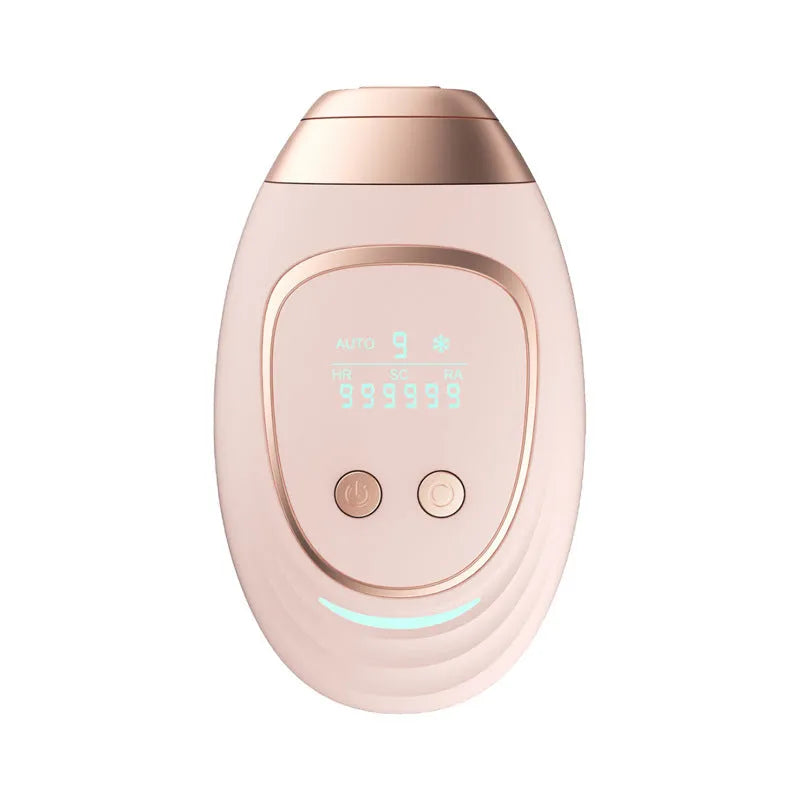 Pink and white three-in-one ice-sensing laser hair removal device with glasses and shaver