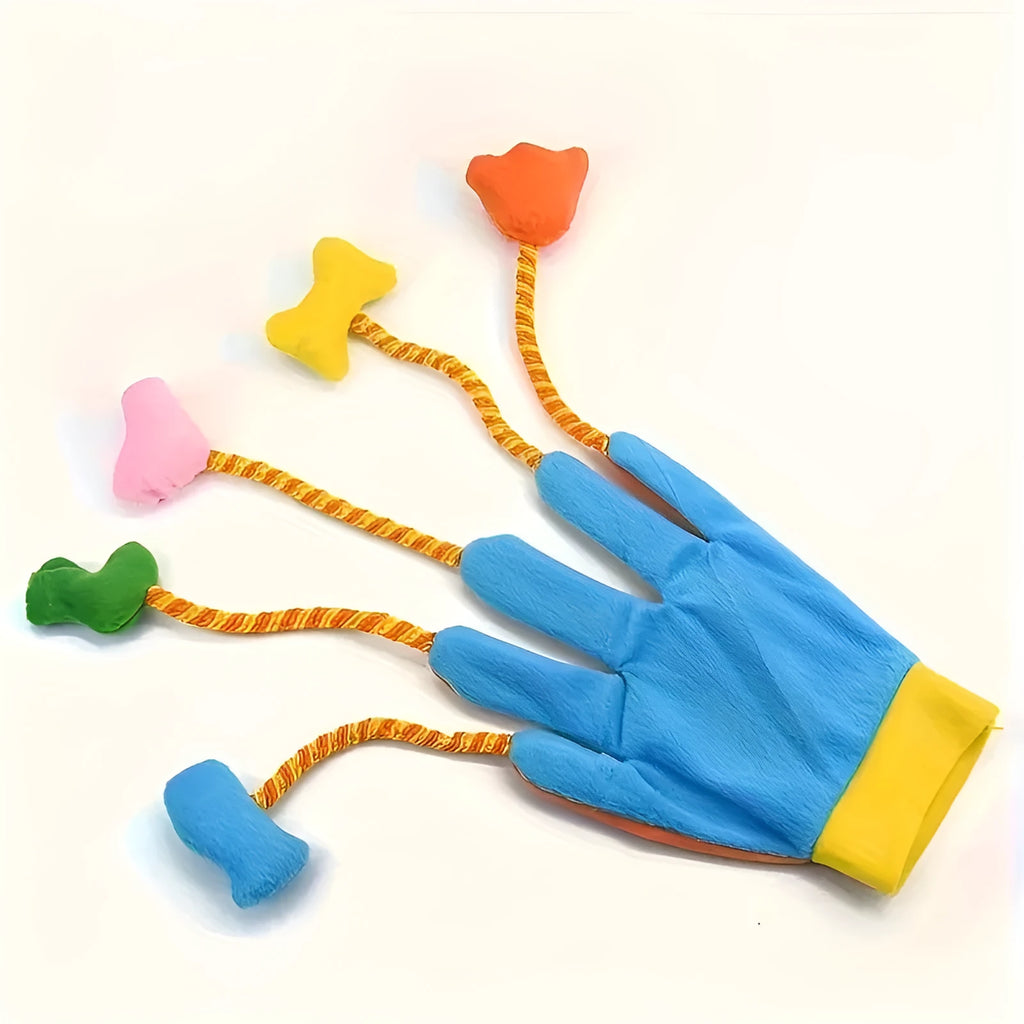Magic glove plush toy for cats with integrated bell, yellow and blue fleece pet toy