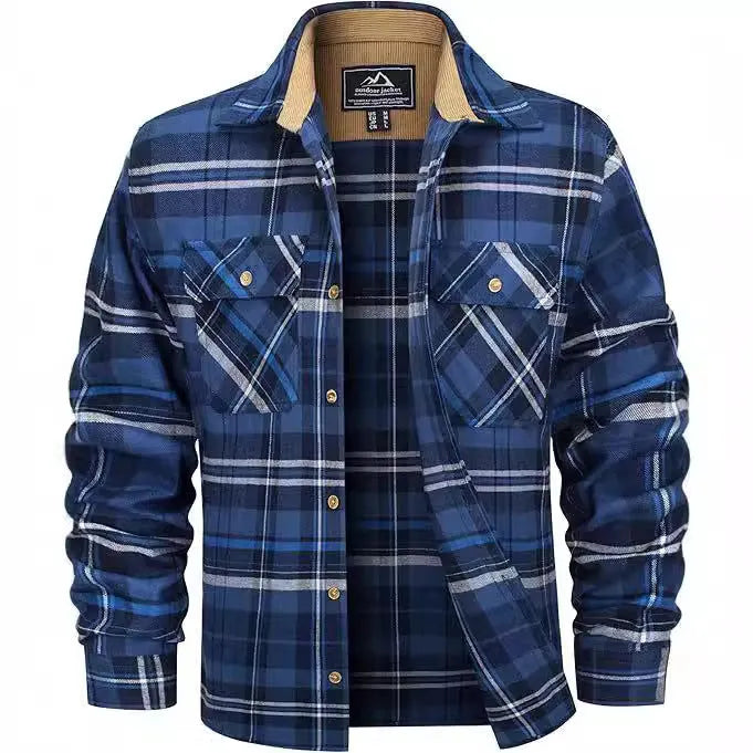 Man wearing a long-sleeved plaid flannel shirt in a cardigan style with a button-up front.