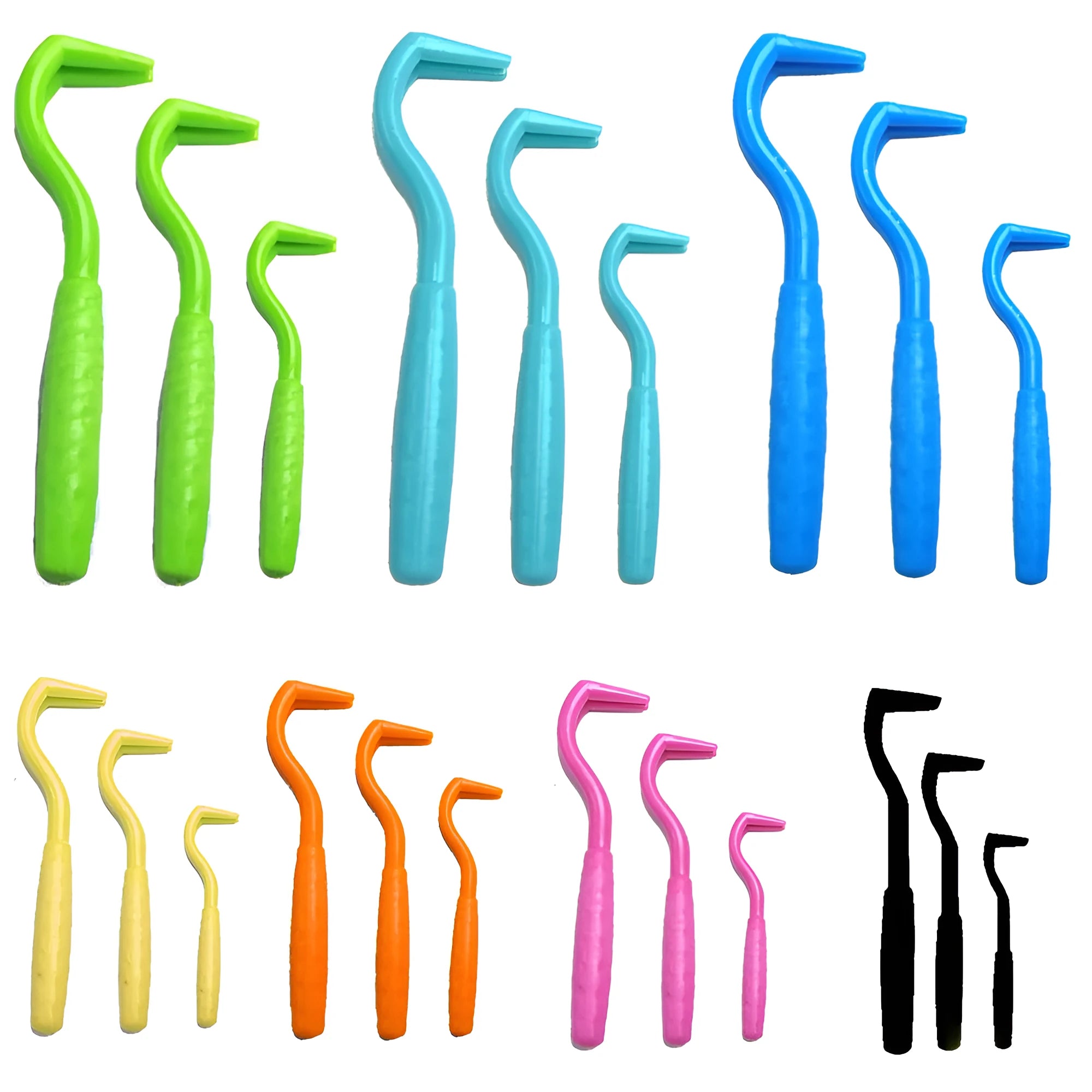 Three plastic tick removal hooks for dogs in various colours on white background