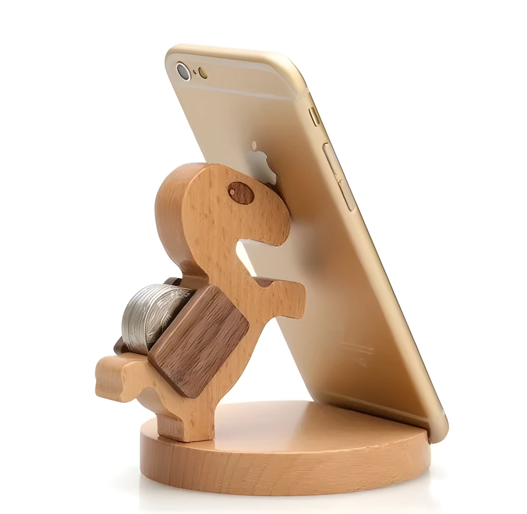 Beech wood mobile phone holder stand with coin slot and decorative carving.