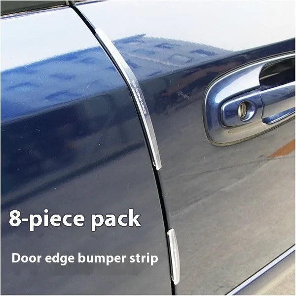 White plastic car door edge anti-collision bumper strip on a vehicle door