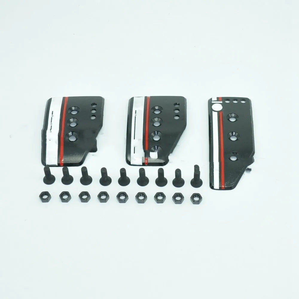Aluminium manual transmission car pedal set showing brake, accelerator and clutch pedals