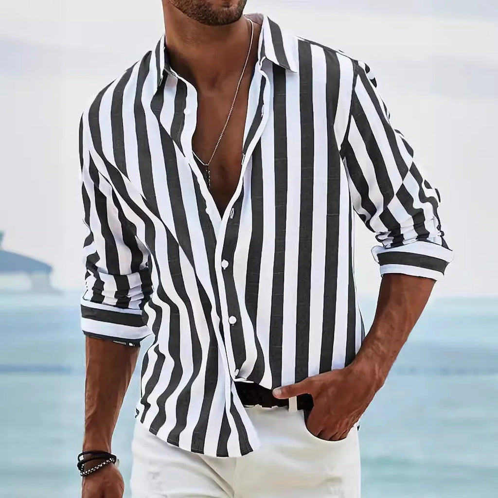 Men's striped casual shirt in loose fit with long sleeves and cardigan style