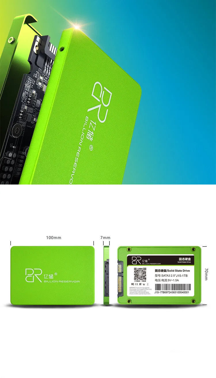 Black plastic-cased solid state drive with SATA 3.0 interface, 100mm by 70mm dimensions