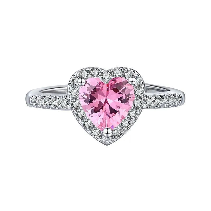 Heart-shaped copper ring with electroplated finish and pink diamond-style centre, adjustable opening, women's fashion jewellery