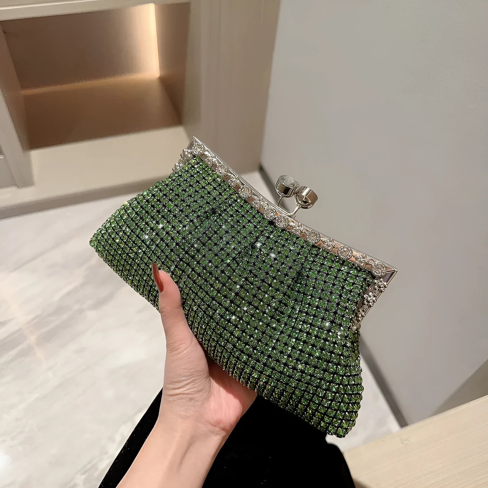 Women's solid colour ABS dinner bag in dumpling bun style, available in Green Diamond, Gold Diamond, and Silver Diamond