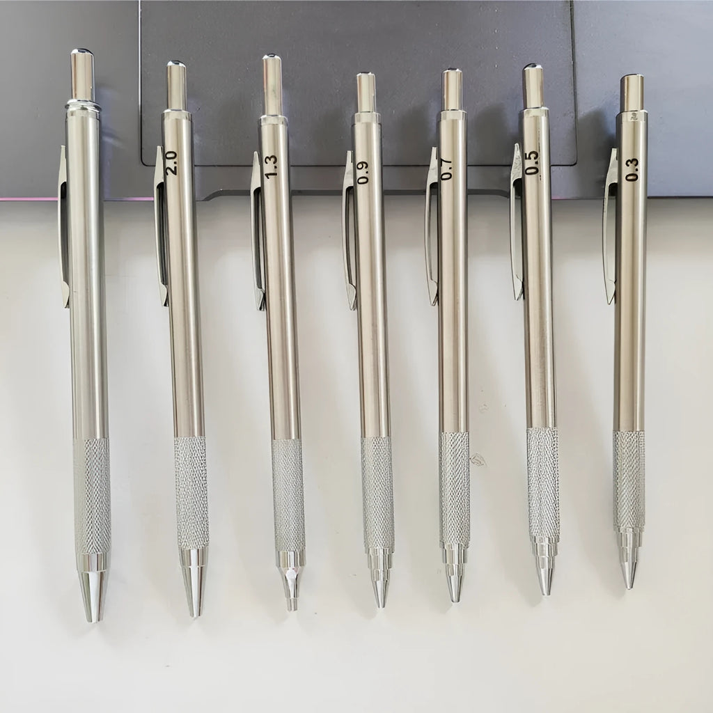 Metal automatic mechanical pencil with retractable tip, shown with compatible lead sizes from 0.3mm to 3.0mm.