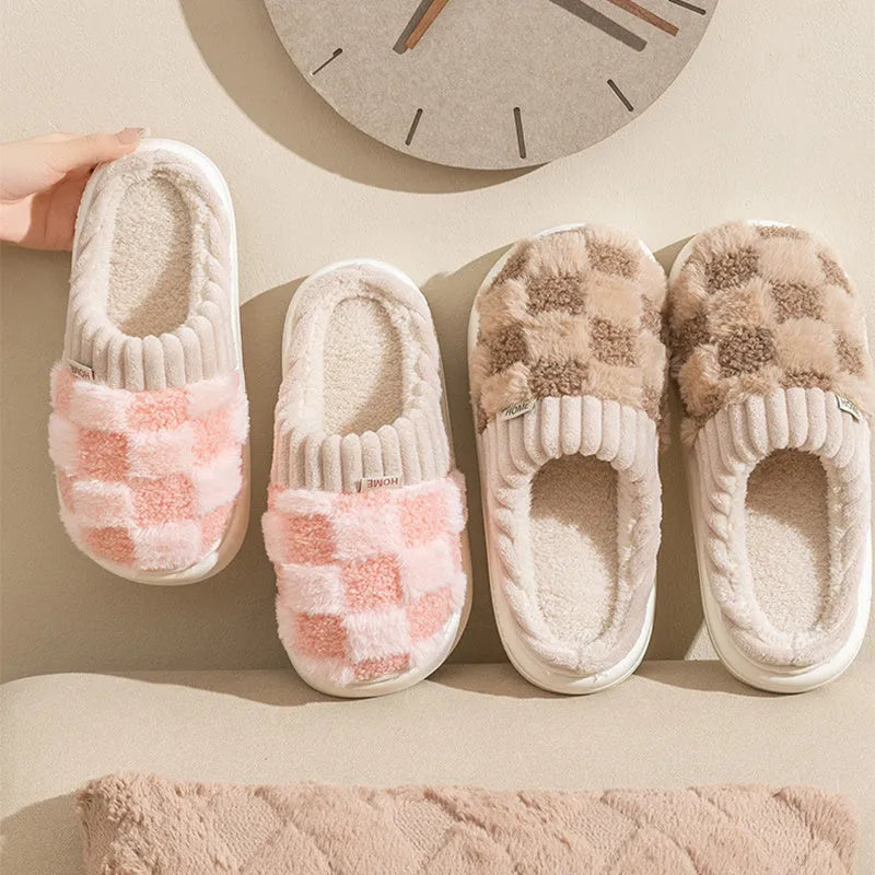 Plaid pattern women's plush slippers with round toe and non-slip sole in multiple colours