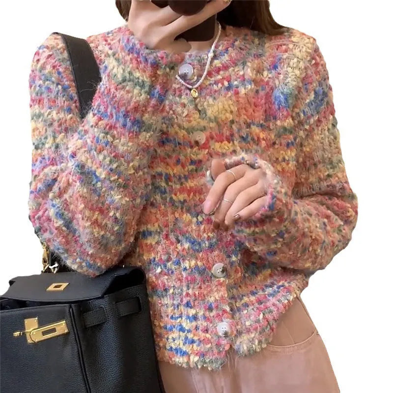 Acrylic retro rainbow sweater cardigan in slim fit free size available in pink or green colours