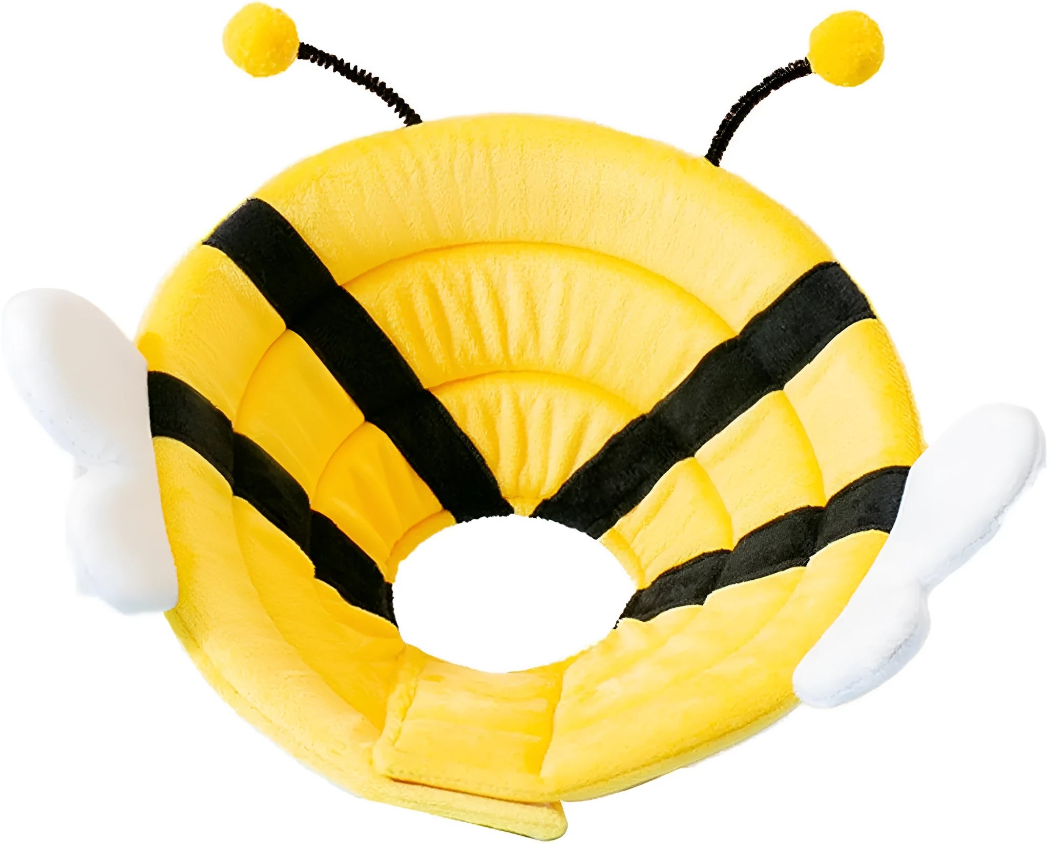 Soft white cat cone collar with black bee design and yellow wings, showing Velcro closure strap.