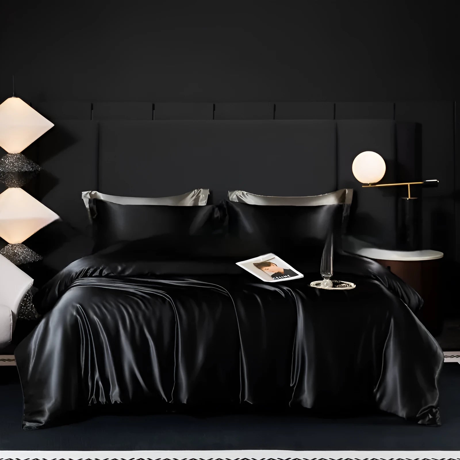 Silk bed sheet four-piece set in solid colour folded, showing options for Ash Purple, Cool Black, and Golden Camel.
