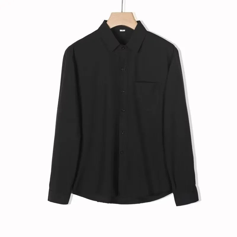 Korean-style loose long-sleeved linen men's shirt in solid colour, wrinkle-free finish, front view