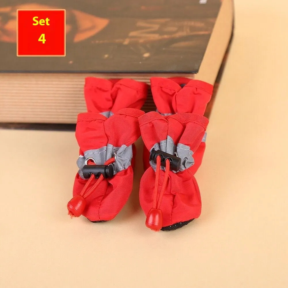 Set of four dog shoes in cloth material with soft soles, shown in multiple colour options including fleece-lined variants
