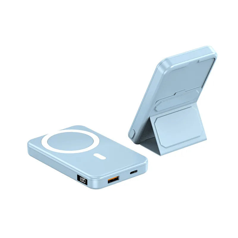 Magnetic wireless charging power bank with folding stand in pearl white colour.