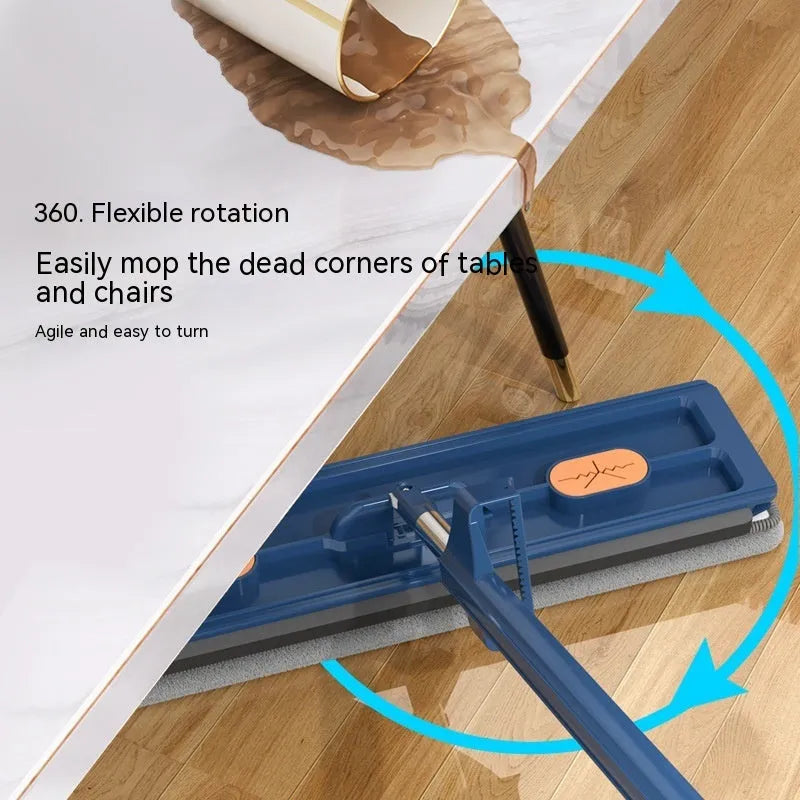 Large flat mop with stainless steel handle and blue cleaning cloths showing 360-degree rotating head