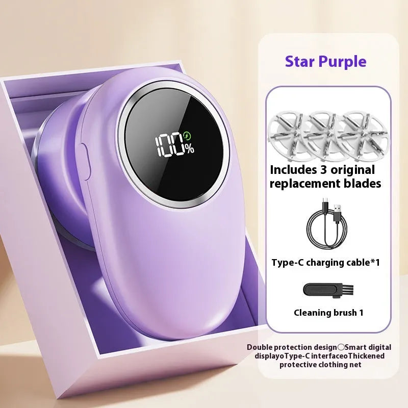Beige and purple digital fur ball trimmer devices with removable cutter heads on a fabric background