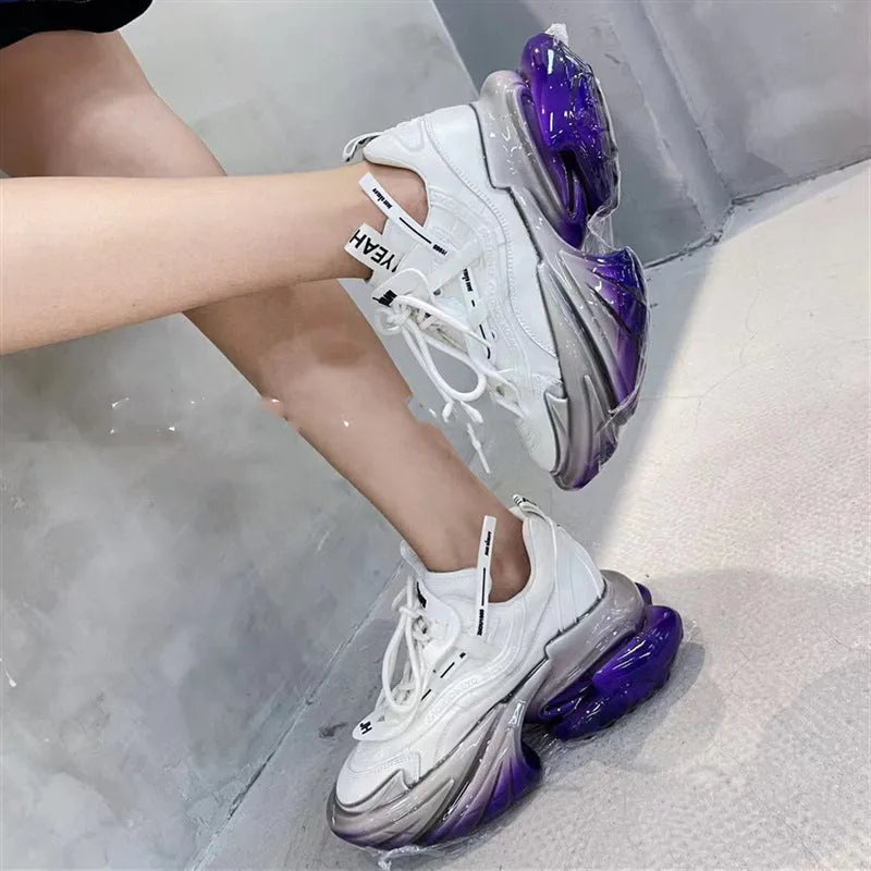 Women's leather sports shoes with thick jelly sole and cross-tie design in multiple colours