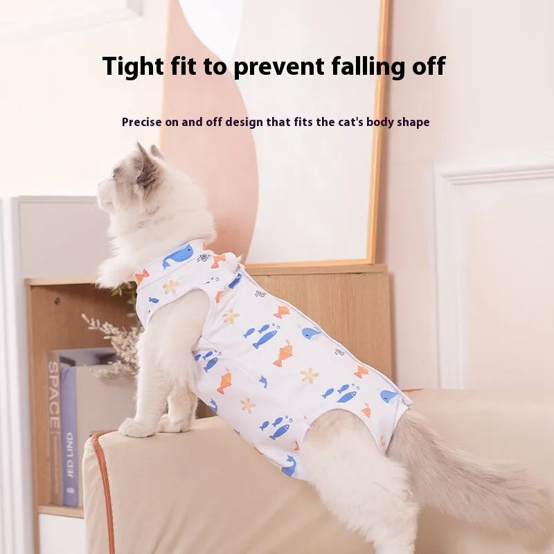 Colourful cat sterilisation recovery suit with Velcro fastening, a post-operative protective bodysuit.