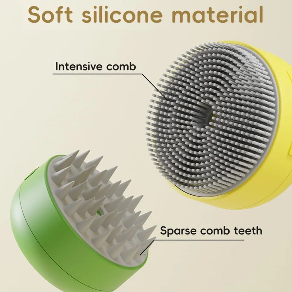 Rechargeable green and yellow silicone steam brush for grooming cats and dogs.