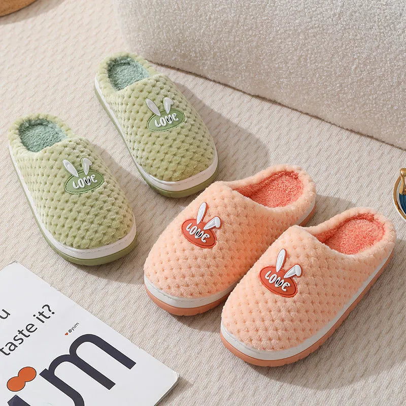 Women's rabbit plaid design winter slippers with thick rubber soles in apricot colour option