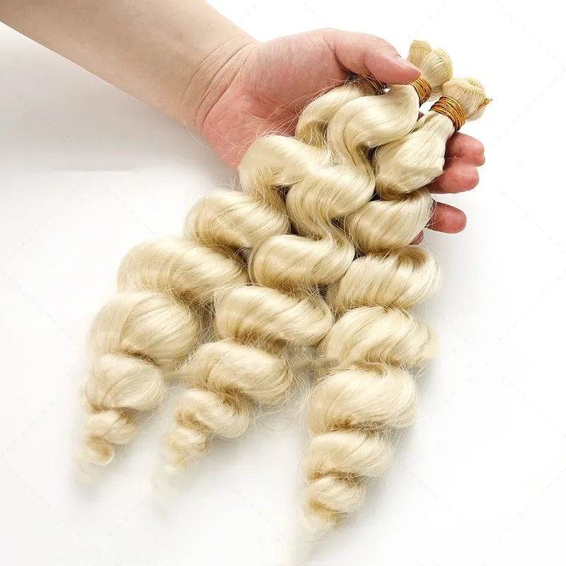 Golden high temperature fibre wig for ladies shown in 18, 20 and 22 inch length options.