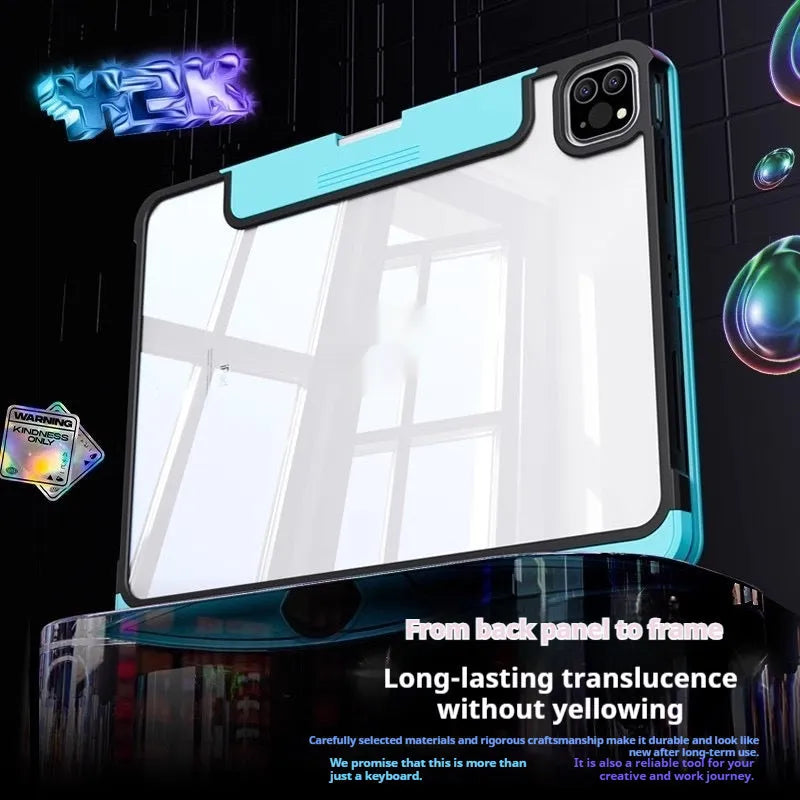 Blue hard PC protective case for iPad with keyboard, shown on a tablet.