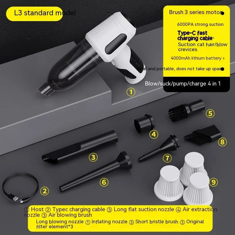 Standard Black car wireless handheld vacuum cleaner with 6KPa suction, 4000mAh battery, and Type-C port