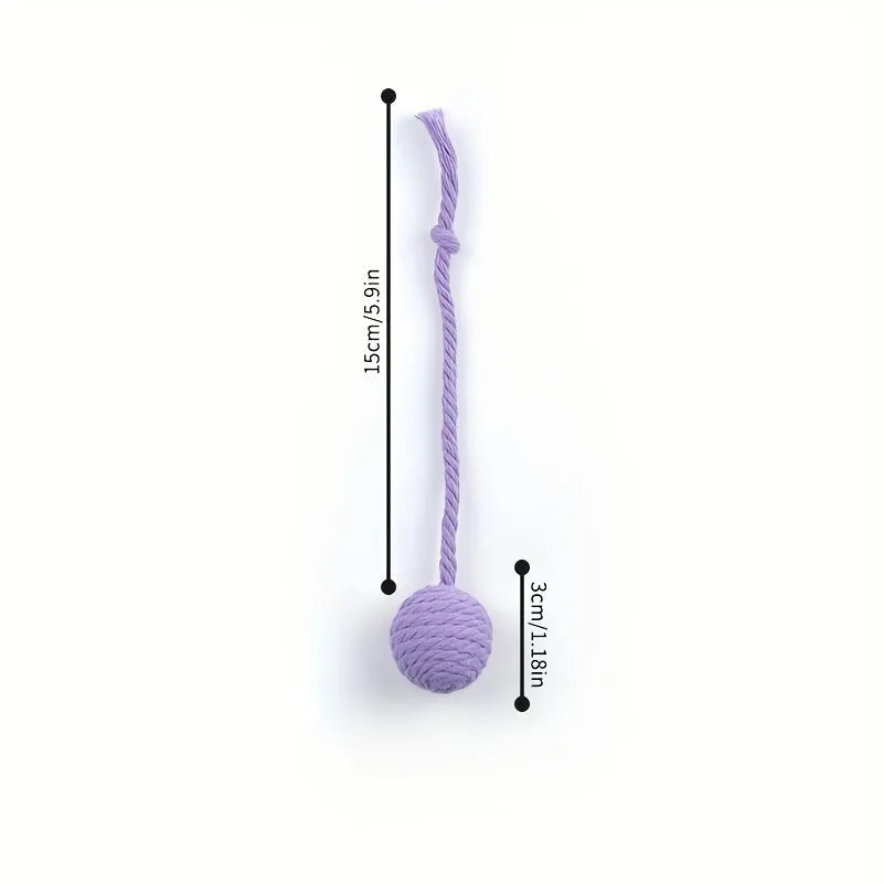 Colourful cat toy ball with rope tail and internal jingle bell in two size options