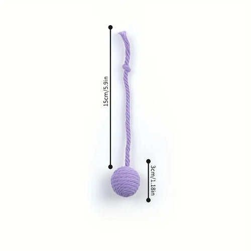 Colourful cat toy ball with rope tail and internal jingle bell in two size options