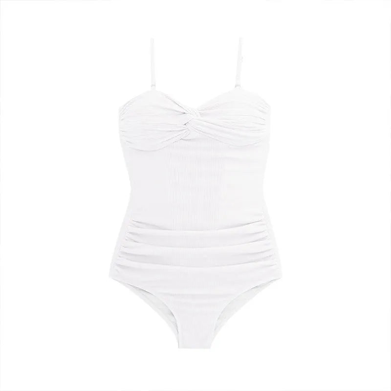 Women's black suspender-style one-piece swimsuit with high-waist design on a mannequin
