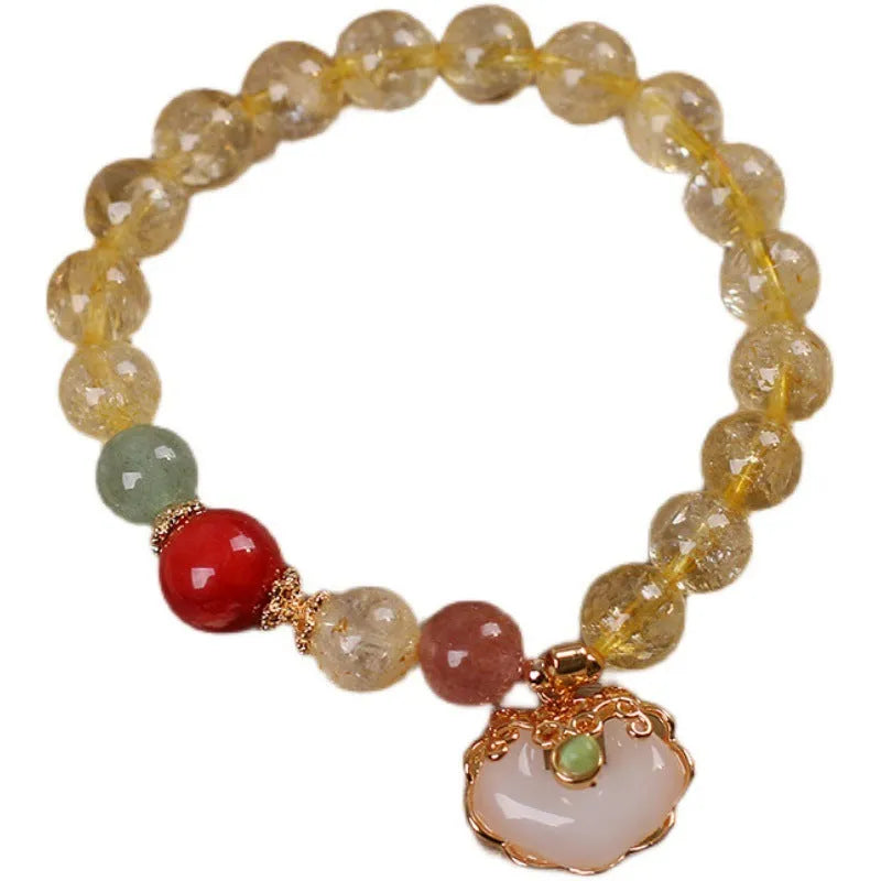 Women's alloy bracelet with a yellow citrine jade ruyi pendant in an original design.