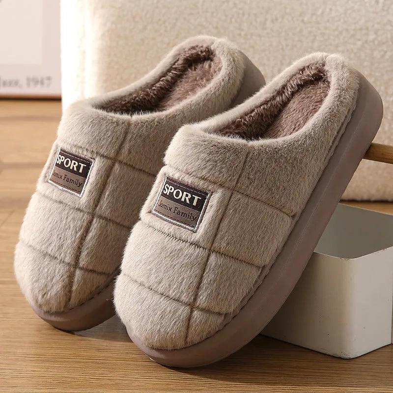 Men's plaid pattern winter slippers with toe holder design in brown, grey and coffee colours